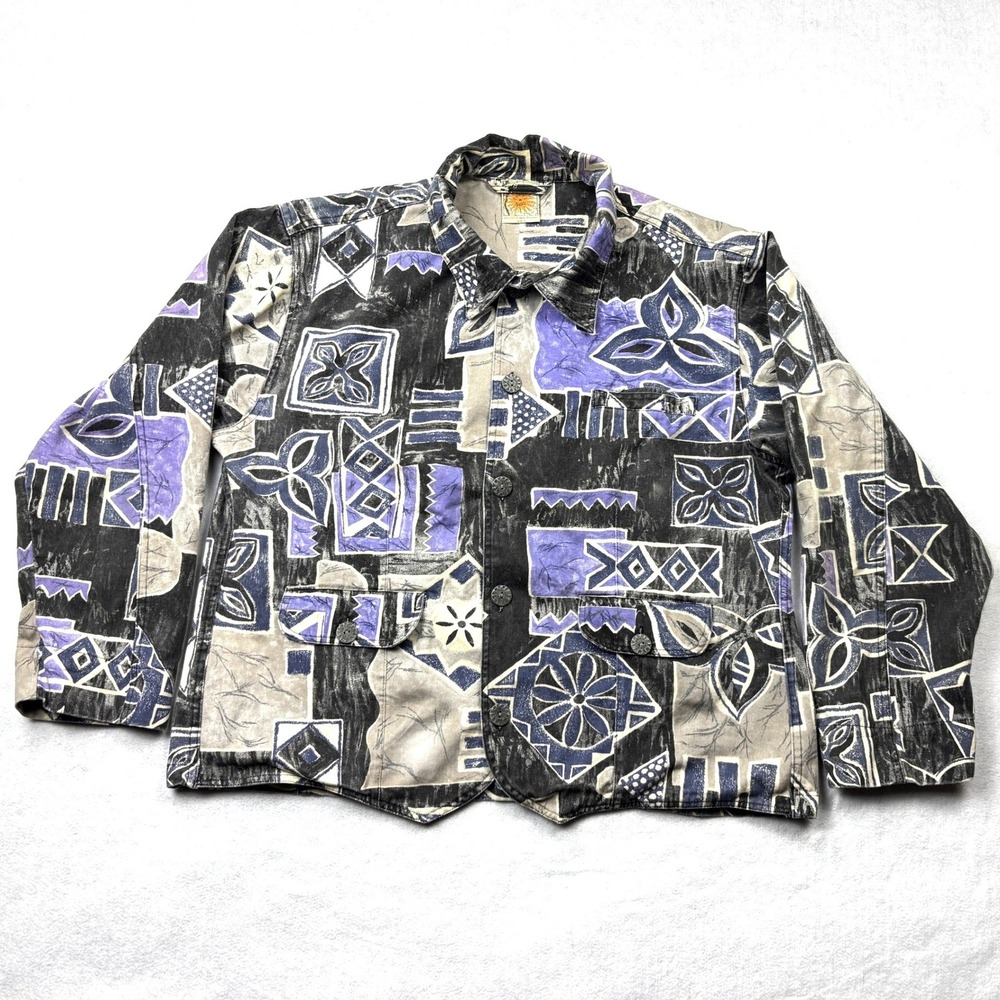 Vintage 90s Chicos Jacket Size 3 Purple Ikat Cotton Canvas Chore Large XL